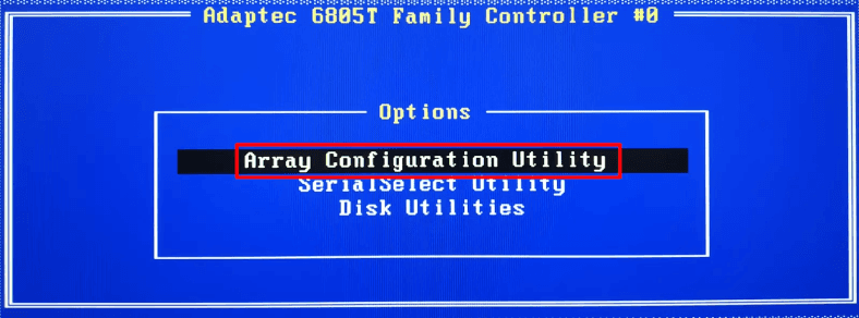 Список команд Adaptec контроллера переходим на строчку Array Configuration Utility