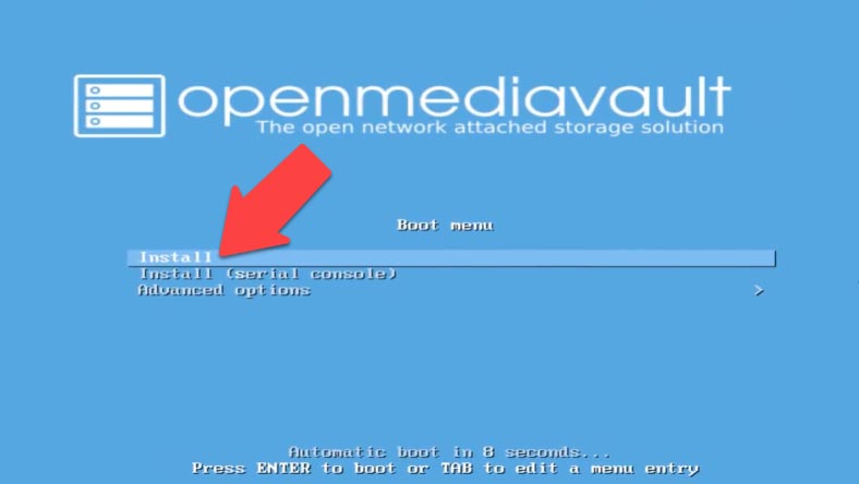 Установка OpenMediaVault - меню загрузки - Установить Install