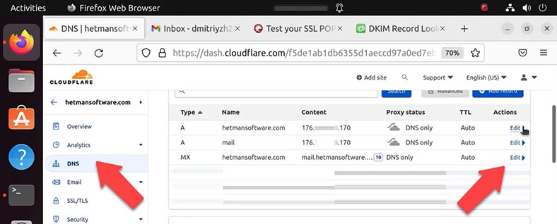 Добавить MX и A записи для домена в панель управления DNS