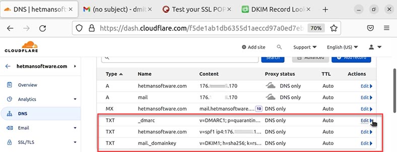 Добавляем записи SPF, DMARC и DKIM в панели DNS