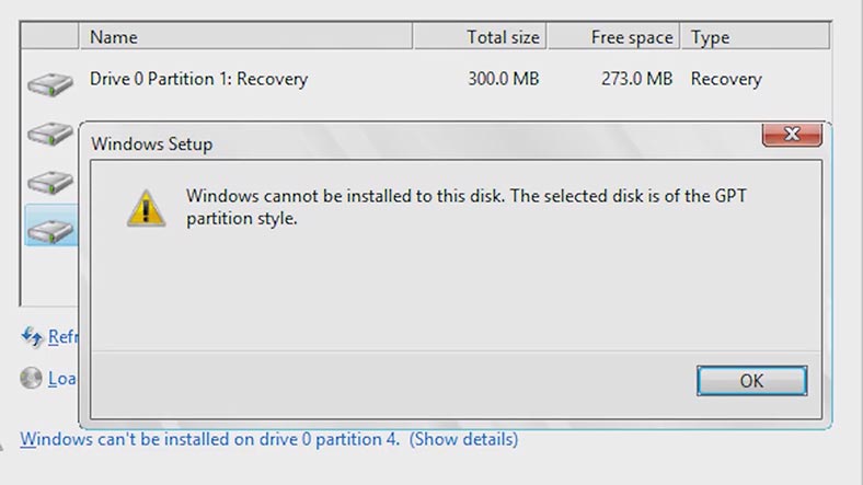 Невозможно установить Windows на этот диск, выбранный диск имеет стиль раздела GPT