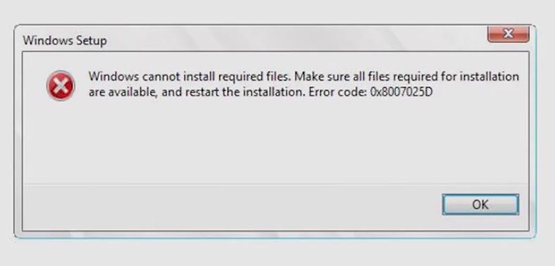 Ошибка Windows не удается установить необходимые файлы