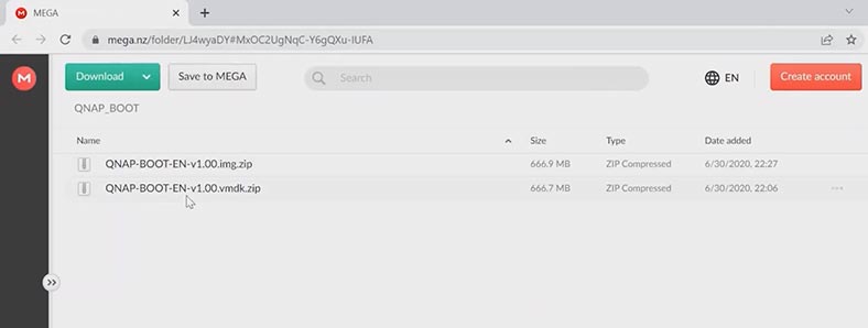 Descargue el archivo con el archivo de imagen del disco virtual del sistema operativo qnap