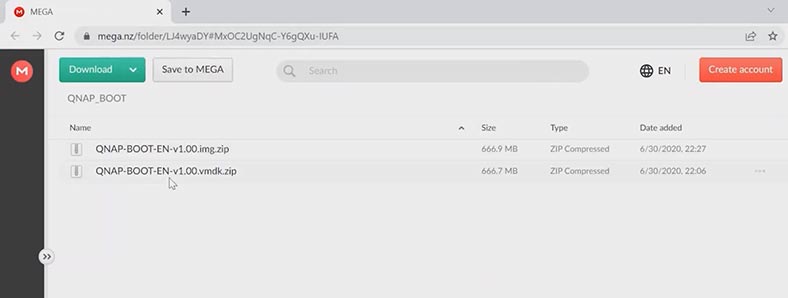 Завантажте архів з файлом образу віртуального диска операційної системи qnap