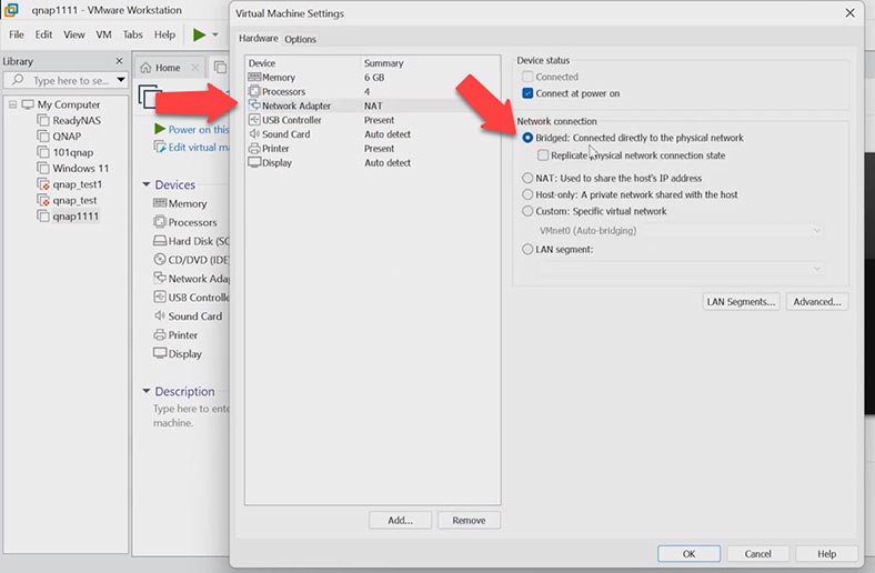 Смените подключение NAT на Bridged