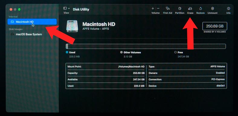 Удаление тома Macintosh HD