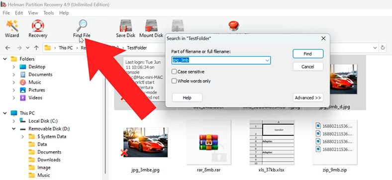 Hetman Partition Recovery: функция поиска файлов