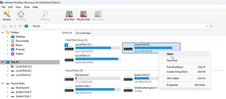 Hetman Partition Recovery: выделите диск, на котором хранится проблемная папка