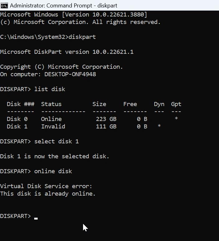 diskpart – list disk – select disk – online disk
