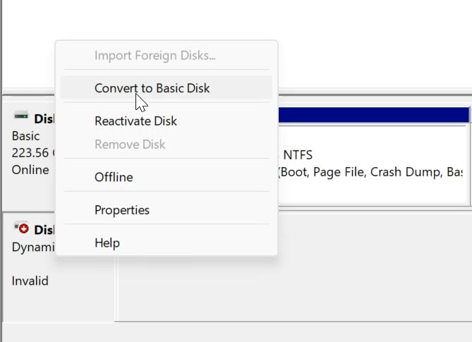 Управление дисками: Преобразовать диск в Базовый