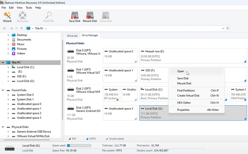 Hetman Partition Recovery: Кликните по диску правой кнопкой мыши и выберите – Открыть