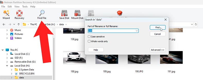 Hetman Partition Recovery: функция Поиска файлов