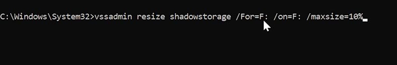 vssadmin resize shadowstorage /for=F:/on=F: /maxsize=10%