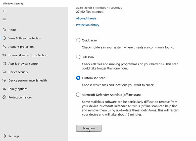 Настраиваемое сканирование Windows Defender