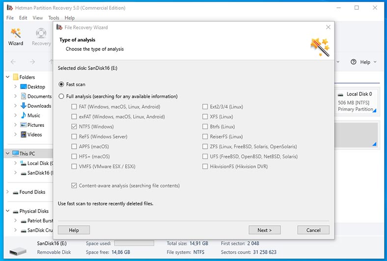 Hetman Partition Recovery: выполнить Быстрое сканирование