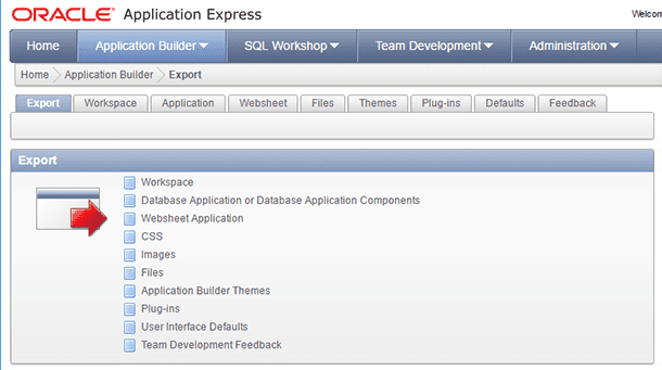 Oracle Application Express: Укажите тип экспорта