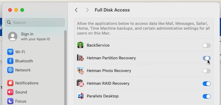 Hetman Partition Recovery: предоставить программе полный доступ к накопителям на macOS