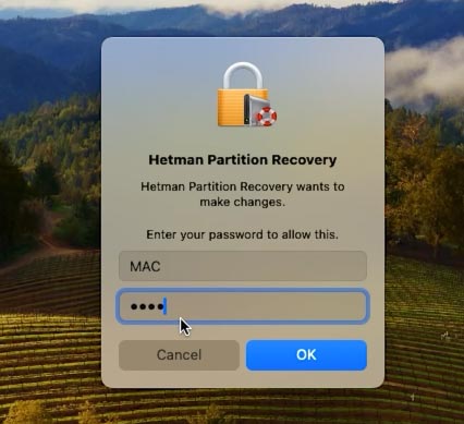Hetman Partition Recovery: запустите программу, введите пароль пользователя mac