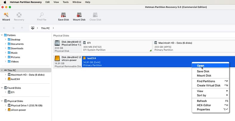 Hetman Partition Recovery: кликните по по диску правой кнопкой мыши, Открыть