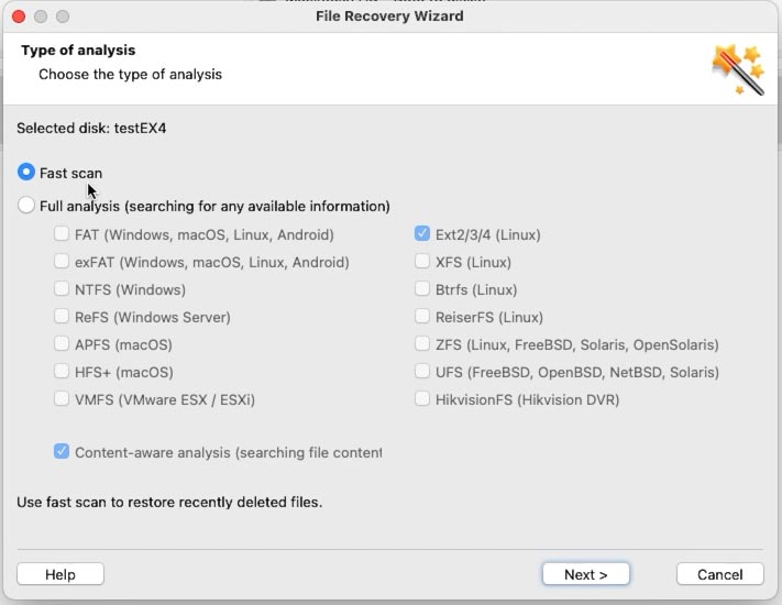 Hetman Partition Recovery: выберите Быстрое сканирование