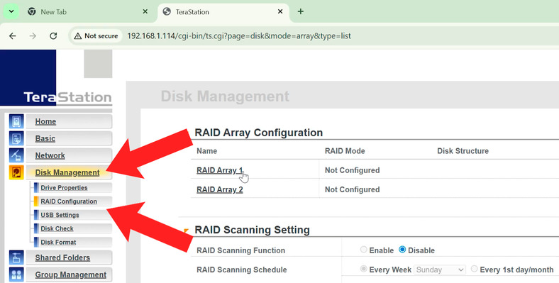 Перейдите в меню Disk management – Raid configuration