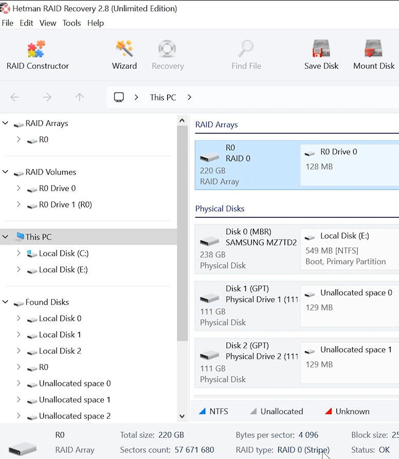 Hetman RAID Recovery: disks detected by the software