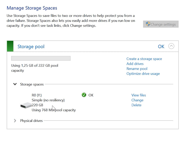 Storage Spaces: created disk pool