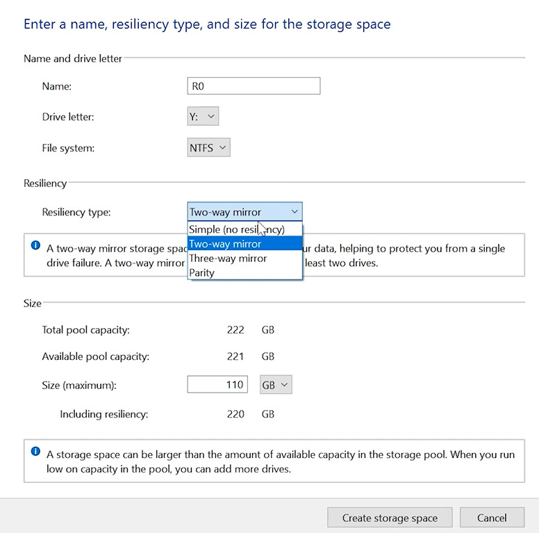Storage Spaces: pool settings