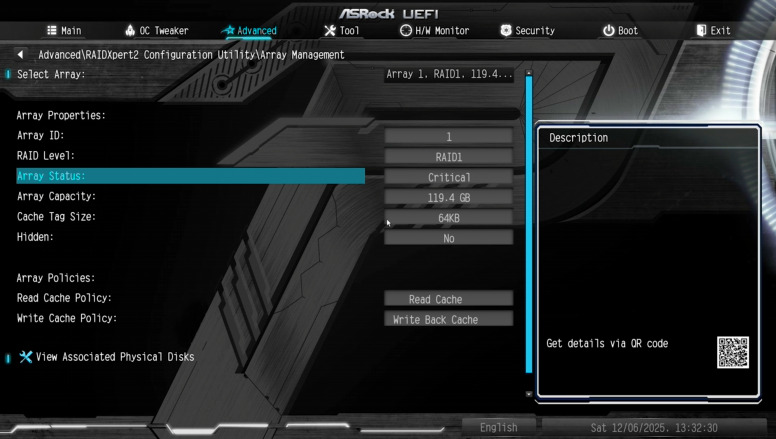 UEFI: array status Critical or Degraded