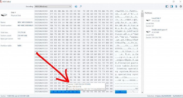 HEX editor: offset 1069056 sectors