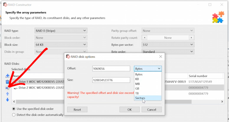 Hetman RAID Recovery: Edit array offset