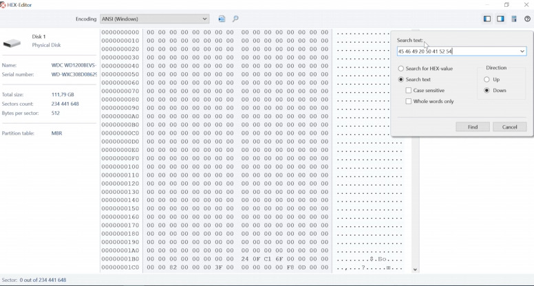 HEX editor: 45 46 49 20 50 41 52 54 (EFI PART)