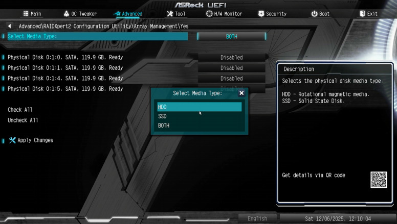 UEFI: Select media Type – HDD, SSD or BOTH