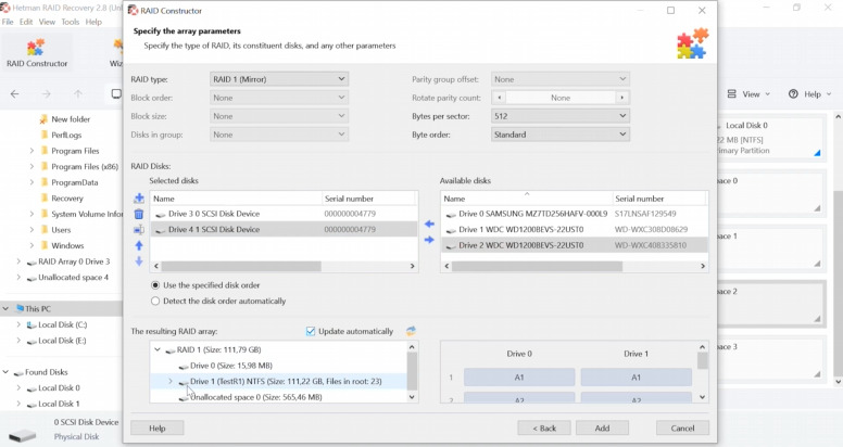 Hetman RAID Recovery: specify RAID 1 parameters in the constructor