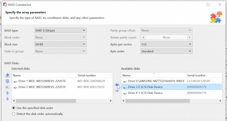 Hetman RAID Recovery: adding the drives that composed the array