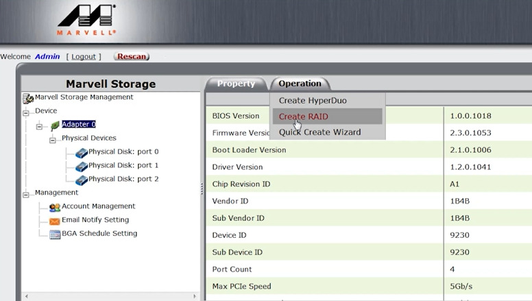 Marvell Storage Utility: Operation – RAID erstellen