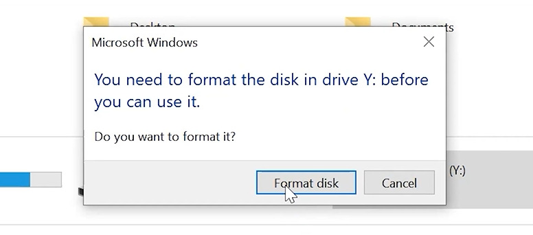 Windows fordert auf, das Laufwerk vor der Verwendung zu formatieren