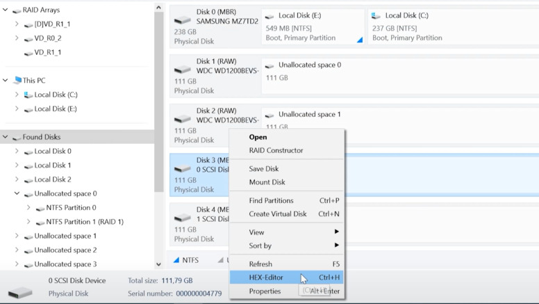 Hetman RAID Recovery: Rechtsklick auf das Laufwerk und 'HEX‑Editor' auswählen