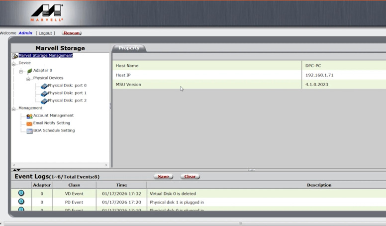 Marvell Storage Utility: Informationen zu Controller und Laufwerken