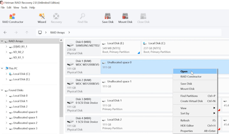 Hetman RAID Recovery: eines der Laufwerke, die Teil des Arrays waren, scannen