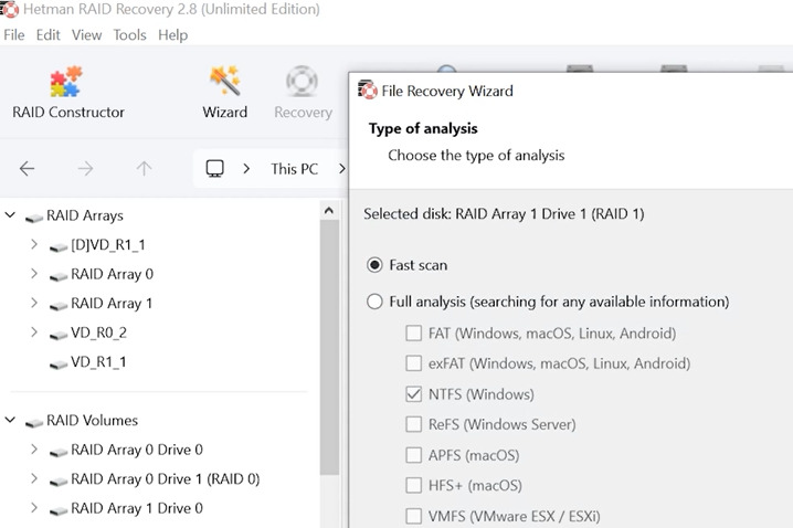 Hetman RAID Recovery: Schnellscan von RAID1