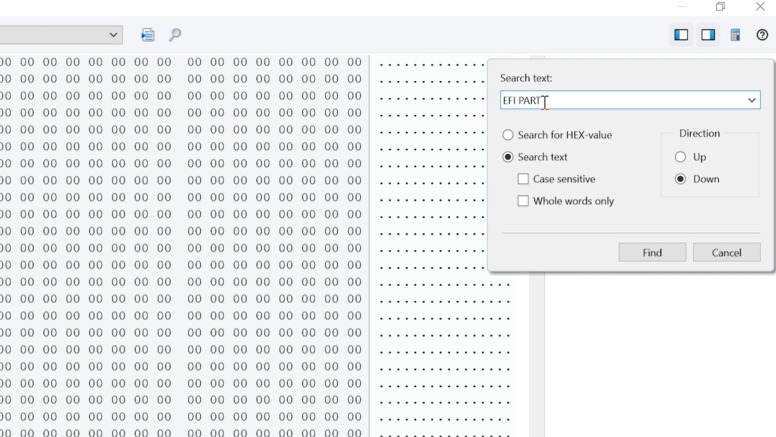 Hetman RAID Recovery: HEX‑Editor — nach 'EFI PART' suchen