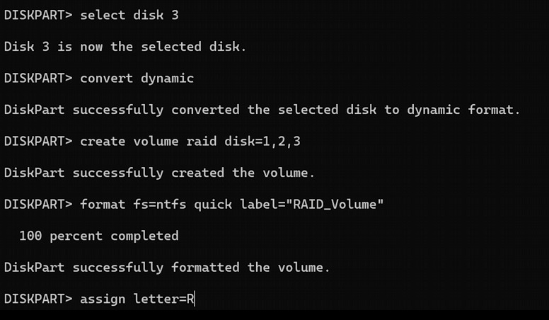 Diskpart: to create the array use the command - create volume raid disk=1,2,3 Diskpart: to create the array use the command - create volume raid disk=1,2,3
