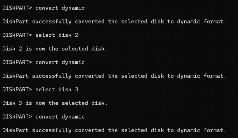 Diskpart: converting all array disks to dynamic Diskpart: converting all array disks to dynamic