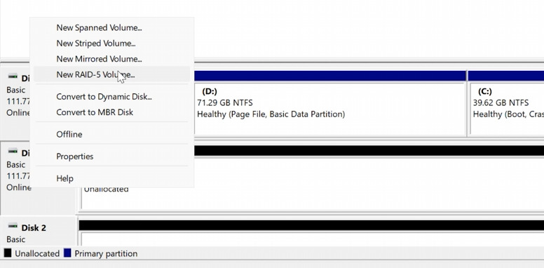 To create a RAID, right-click one of the available disks To create a RAID, right-click one of the available disks
