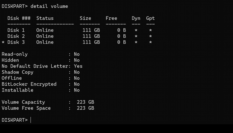 Diskpart: run the detail volume command for detailed information Diskpart: run the detail volume command for detailed information