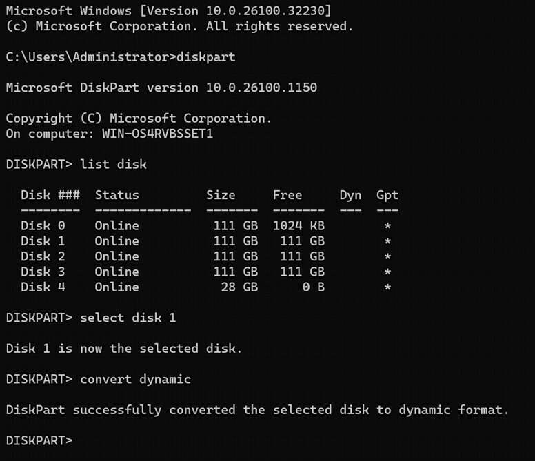 Diskpart: converting disks to dynamic Diskpart: converting disks to dynamic