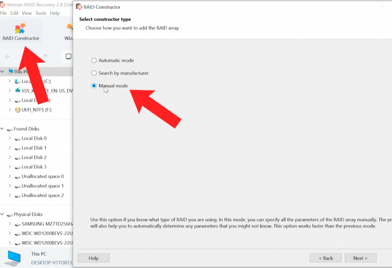 Hetman RAID Recovery: open the RAID constructor and select manual mode Hetman RAID Recovery: open the RAID constructor and select manual mode