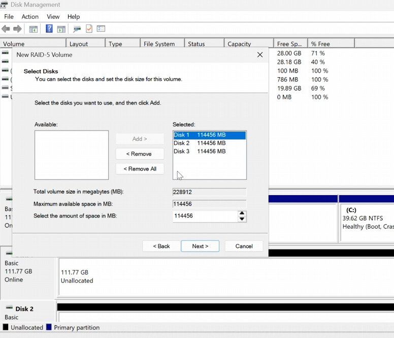 Disk Management: add all disks that will form the array Disk Management: add all disks that will form the array