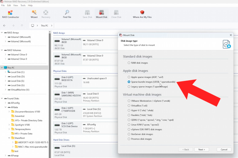 Hetman RAID Recovery: montare un'immagine Apple Sparse Bundle